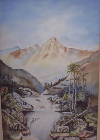 Mountain stream scene chalk drawing. Mountain in the background has a cross-shaped erosion near the peak